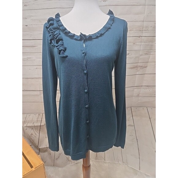 Talbots Women’s Medium‎ Cardigan Sweater Silk Cotton Green Ruffles Long Sleeves - Picture 1 of 8